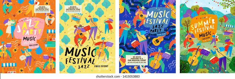 Posters for a summer live music festival or jazz party. Background from vector illustrations of musicians and dancing people.