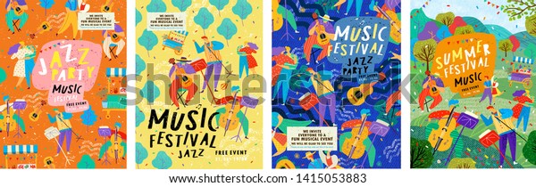 Posters for a summer live music festival or jazz\
party. Background from vector illustrations of musicians and\
dancing people.