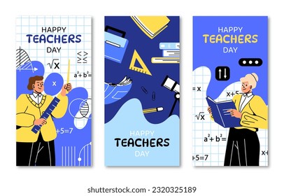 Carteles del día de los profesores. Festividades y festivales internacionales. Educación, aprendizaje y formación. Ecuaciones matemáticas y físicas. Colección vectorial plana de dibujos animados aislada en fondo blanco