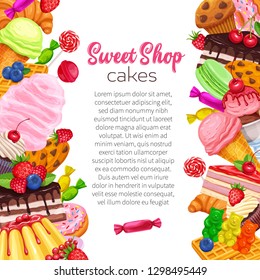 Posters template with confectionery and sweets. Dessert, lollipop, ice cream with candied, macaron and pudding. Donut and cotton candy, muffin, waffles, biscuits and jelly