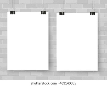 Posters template on grey brick wall. Realistic wall gallery vector illustration. Set of colorful empty vector mockups for your illustrations, drawings, posters or photos.