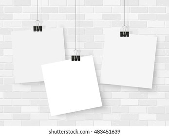 Posters template on grey brick wall. Realistic wall gallery vector illustration. Set of colorful empty vector notes mockup for your illustrations, drawings, posters or quotes.