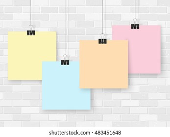 Posters template on grey brick wall. Realistic wall gallery vector illustration. Set of colorful empty vector notes mockup for your illustrations, drawings, posters or quotes.