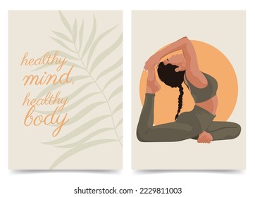 Posters template for yoga studio. Faceless style woman doing yoga poses. Motivational, Inspirational quote on placard. Vector illustration