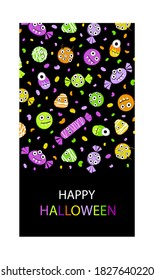 Posters, templates, cards, Halloween holiday invitations. Sweets, corn, candy lollipops on a black background. Festive lettering in hand-drawn and cartoon style and traditional colors holiday.