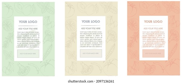 Posters templates with Fruits and vegetables abstract graphics. Green, yellow and orange colors. EPS, format, illustration. Organic, healthy and natural style.