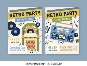 Plantillas de afiches para fiestas de música retro de los años 60, 70, 80 y 90. Folletos promocionales para eventos musicales nostálgicos. Carteles de anuncios con vinilo, tornables y boombox. Ilustraciones vectoriales planas