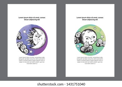 Posters templates set, with moon and sun sketch in medieval engraving style