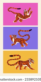 Posters with tiger in groovy Chinese style. Beautiful abstract animal print design. For fabric, wall art, interior design, social media post, packaging.