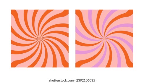 Posters with twisted red radial stripes. Trendy Y2K pattern. Red sunburst, explosion, or surprising design effect. Swirled bubble gum, lollipop candy texture. Manga style background.