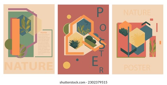 Posters. Vector illustration with elements of plants and geometric shapes. A picture for a background, postcard or cover