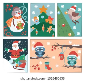 Posters,  vector illustrations with Christmas characters: Santa Claus, elegant snowman, dressed Christmas tree, owls in Santa Claus hats, a bird with a toy in its beak, Santa Claus sleigh with gifts.