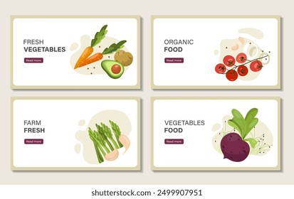 Posters with vegetables set. Natural and fresh food. Tomato, carrot, avocado, potato and garlic. Vegetarian diet with vitamins. Flat vector collection isolated on beige background