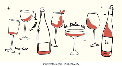 Posters in a whimsical and charming trendy style. The posters feature elegant glasses and bottles of wine, including a wine club poster. Hand draw la dolce vita doodles