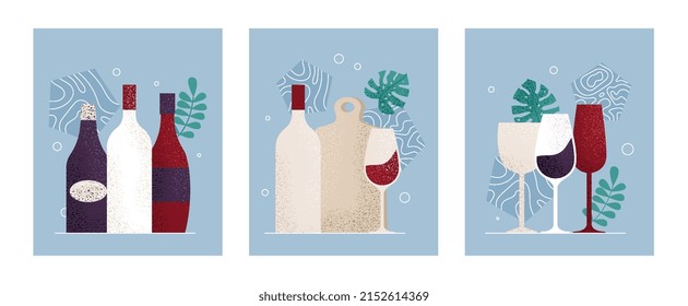 Posters of wine bottles. Collection of invitation cards for cafe or restaurant. Alcoholic drinks for romantic date, bottles and glasses. Cartoon flat vector illustrations isolated on white background