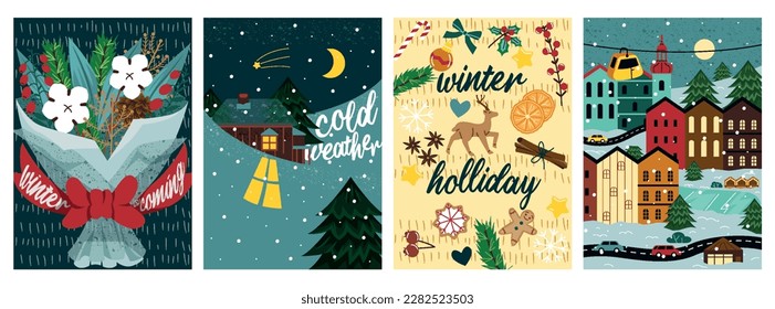 Carteles para la puesta de invierno. Colección de postales de felicitación. Bouquet, casas bajo la nieve y coches en la carretera. Año Nuevo y Navidad. Ilustraciones de caricaturas de vectores planos aisladas en fondo blanco