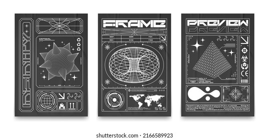 Posters with wireframe 3D torus, pyramids, and spheres with spikes. In techno style, prints for T-shirts, sweatshirts and hoodies. Isolated on black background