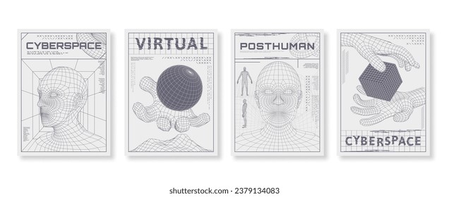 Posters with wireframe human head. Low poly 3D cyberspace print, cyber virtual poster with futuristic waves vector illustration set with editable stroke paths. Wireframe technology human abstract
