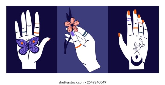 Posters with witch hands set. Astrology and tarot cards. Arms with tattoes with flower and butterfly. Mysticism and esotericism. Magic and witchcraft. Linear vector collection