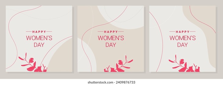 Posters for Womens Day in boho style on an elegant beige background and with red lettering and botany elements. Vector illustration