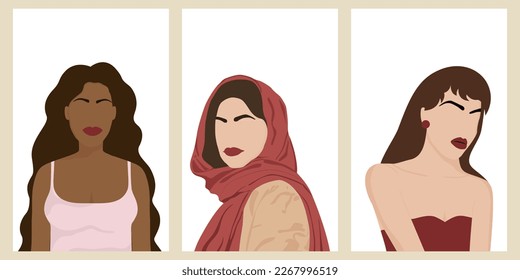 Posters of womens with different skin colors. Multi-ethnic women. Vector illustration.