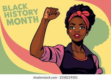 Poster-style vector illustration of black woman's empowered pose, her fist raised high. Black History Month.