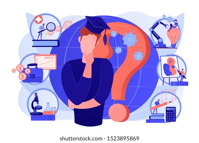 Postgraduate, career opportunities for young specialist. College choice advisor, college rankings, career assessment test concept. Pinkish coral bluevector isolated illustration