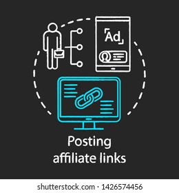 Posting affiliate links chalk concept icon. Affiliate, referral marketing idea. Product promotion and recommendation. Content sharing, influencer advertising. Vector isolated chalkboard illustration