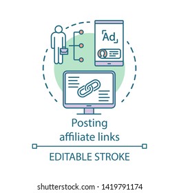 Posting affiliate links concept icon. Affiliate and referral marketing idea thin line illustration. Product promotion, recommendation. Content sharing. Vector isolated outline drawing. Editable stroke