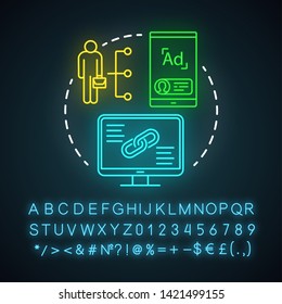 Posting affiliate links neon light icon. Affiliate and referral marketing. Product promotion and recommendation. Glowing sign with alphabet, numbers and symbols. Vector isolated illustration