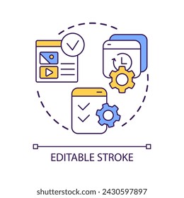 Posting content tools concept icon. Publishing on social media. Multimedia adjustment. Digital data abstract idea thin line illustration. Isolated outline drawing. Editable stroke. Arial font used