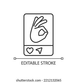 Posting picture on social media linear icon. Sharing photo with users online. Post multimedia content. Thin line illustration. Contour symbol. Vector outline drawing. Editable stroke. Arial font used