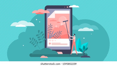 Posting vector illustration. News publication scene in flat tiny persons concept. Social media banners display as glued retro poster pillar. Smartphone screen with new picture online uploading process