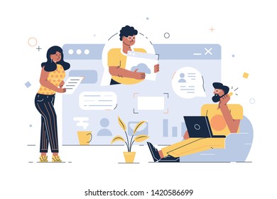 Posting via web application vector illustration. Cartoon men and woman bloggers making posts in social networks sending e-mail using internet app flat style design. Modern technology concept