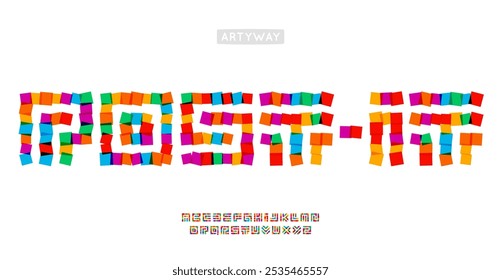 Fuente Post-it, nota adhesiva colorida que forma cada letra, fuente de papel de color brillante para el logotipo artístico, titular del espacio de arte, marca de oficina creativa, tipografía vibrante de nota adhesiva. tipografía de Vector