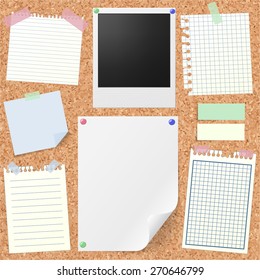 Post-it set of realistic sticky notes, lined and squared notebook papers, vintage photograph, blank sheet mock-up with pins and stickers. Place for text. Realistic cork board background.