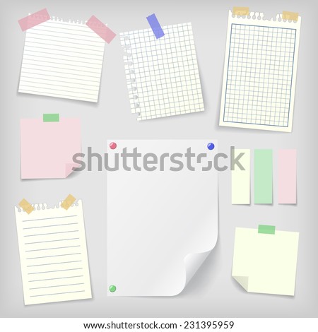 Post-it set of realistic sticky notes, lined and squared notebook papers and blank sheet mock-up with pins and stickers. Place for text.