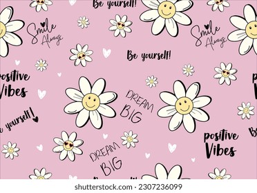 Postive vibes and smile slogan  text, heart drawings. Seamless pattern repeating texture background design for fashion graphics, textile prints, fabrics, wallpapers.