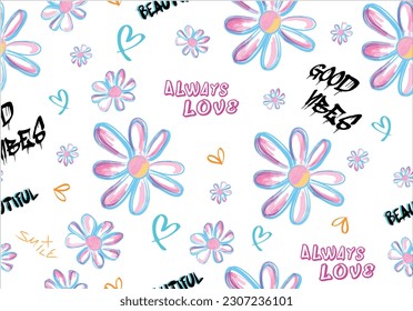 Postive vibes and smile slogan  text, heart drawings. Seamless pattern repeating texture background design for fashion graphics, textile prints, fabrics, wallpapers.