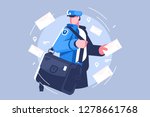 Postman with bag delivering letters vector illustation. Cartoon man in uniform holding mail flat style concept. Letters and mailman for profession and delivery service themes design