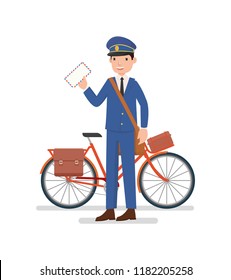 A postman with the bicycle are send a letter