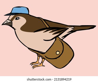 A postman bird in a blue cap with a bag.