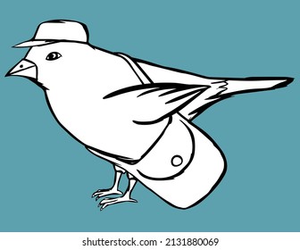 A postman bird in a cap with a bag. Black and white vector illustration.