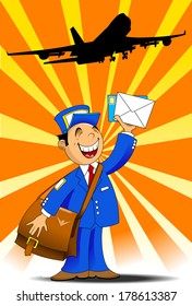 postman in blue uniform with a big bag brought letters, vector