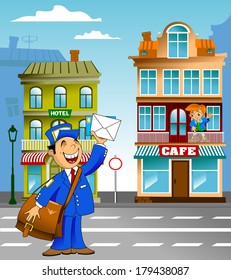 postman in blue uniform with a big bag brought letters, vector