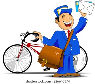 postman in blue uniform with a big bag brought letters, vector