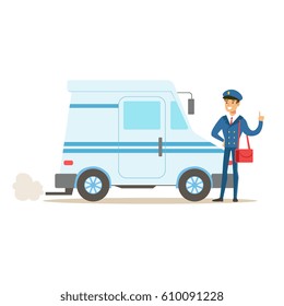 Postman In Blue Uniform With The Car Delivering Mail, Fulfilling Mailman Duties With A Smile