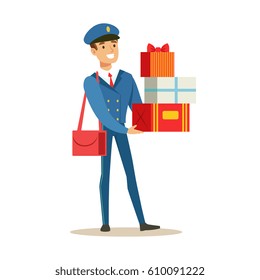 Postman In Blue Uniform Delivering Holiday Gifts And Mail, Fulfilling Mailman Duties With A Smile