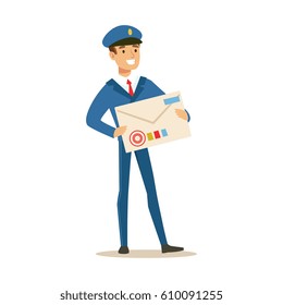 Postman In Blue Uniform Delivering Mail, Holding Giant Letter Envelop, Fulfilling Mailman Duties With A Smile