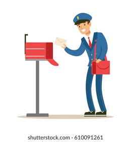 Postman In Blue Uniform Delivering Mail, Putting Letters In Mailbox, Fulfilling Mailman Duties With A Smile